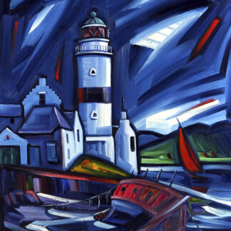An expressionist-style painting of a lighthouse by the sea, with dynamic brushstrokes and vibrant colors, featuring boats and a building. By Raymond Murray